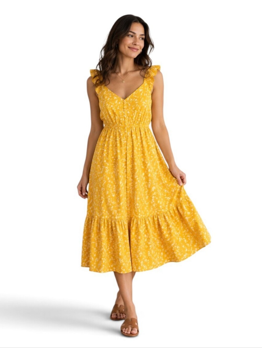 BB Dakota Steve Madden Yellow Floral Midi Dress Small Smocked Ruffle Sundress